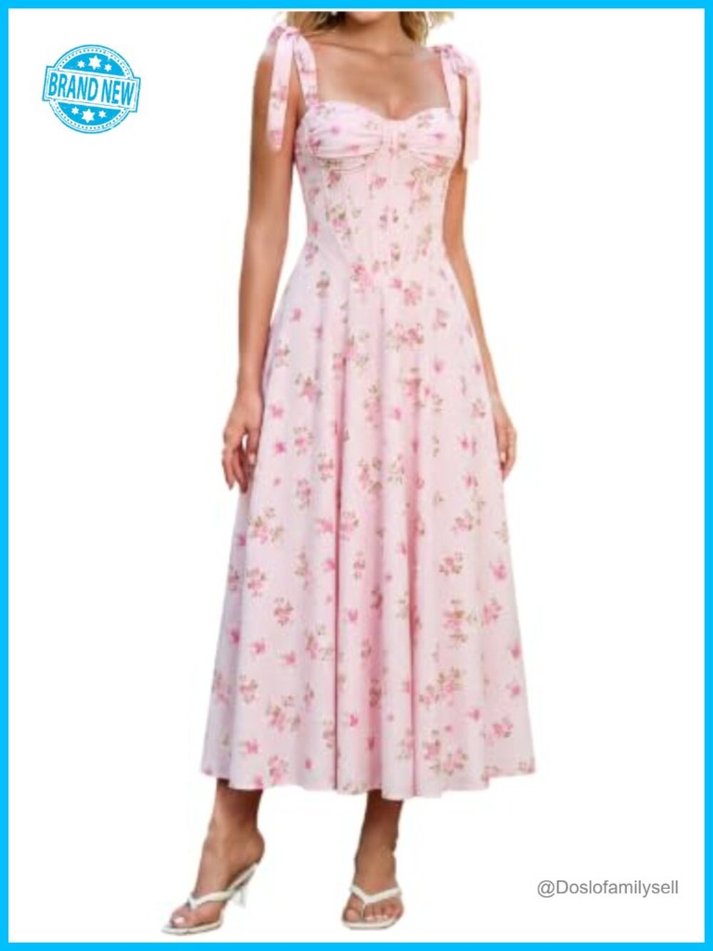 Summer Floral Corset Midi Dress Sweetheart Bow Straps A-Line